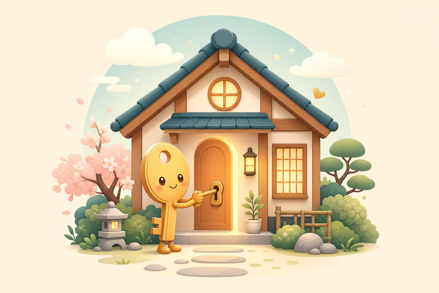 A cute golden key mascot opening the front door of a cozy Japanese-inspired home.